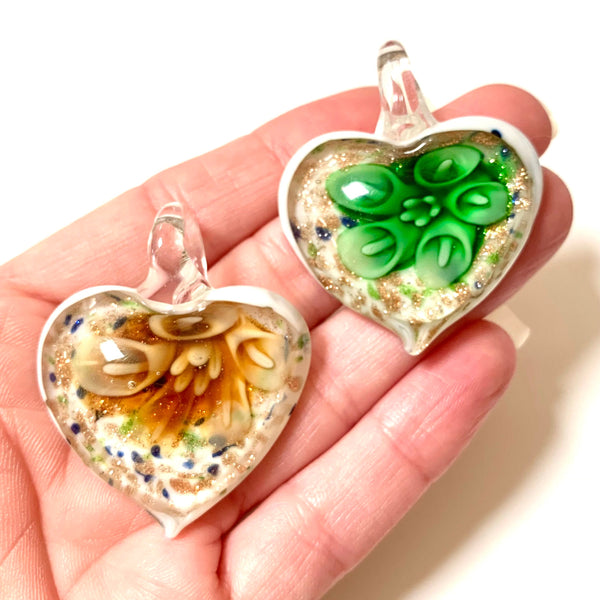 Large Lampwork Pendants - Handmade, Glass Heart Flower Pendants with Gold Sand - Available in 6 Colors