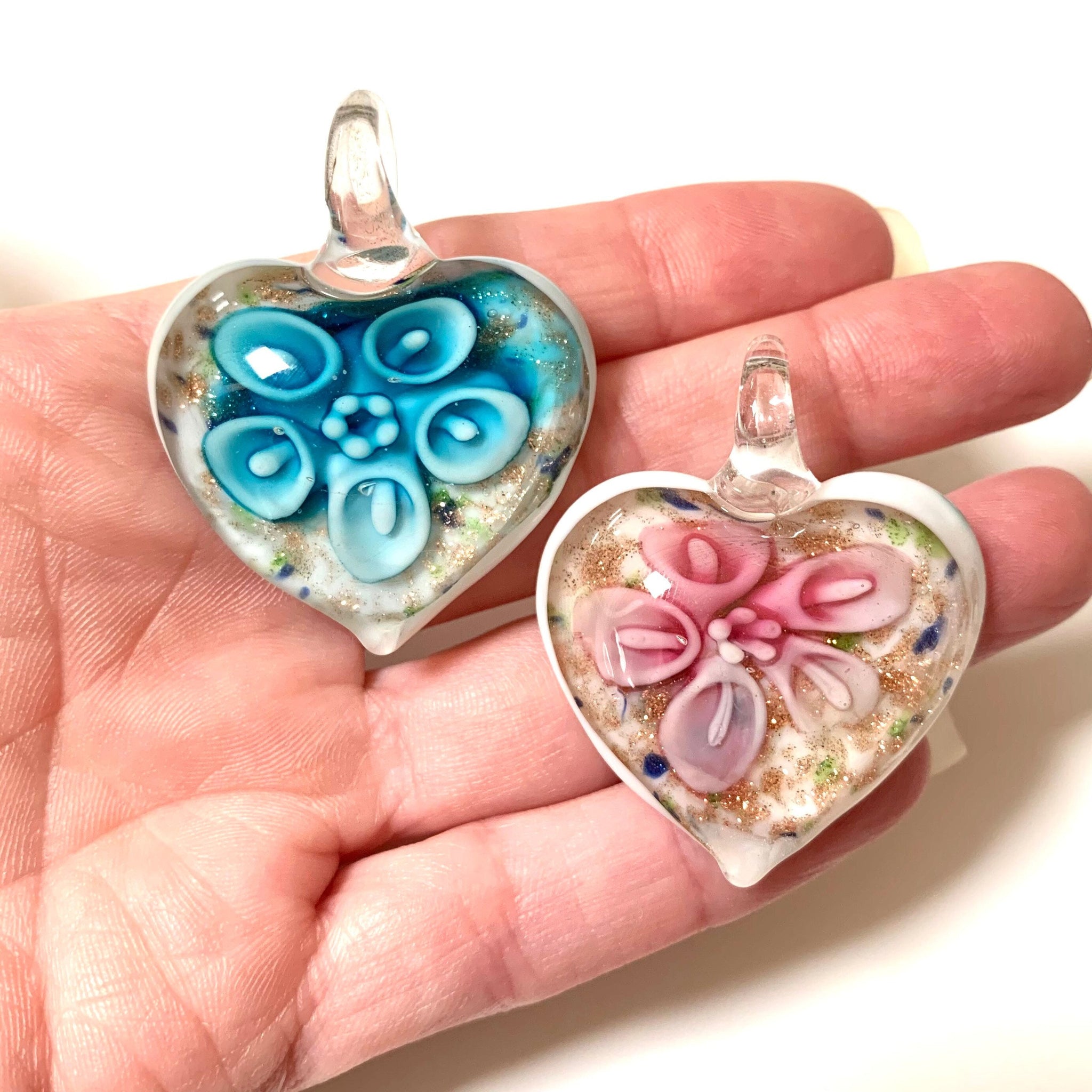 Large Lampwork Pendants - Handmade, Glass Heart Flower Pendants with Gold Sand - Available in 6 Colors