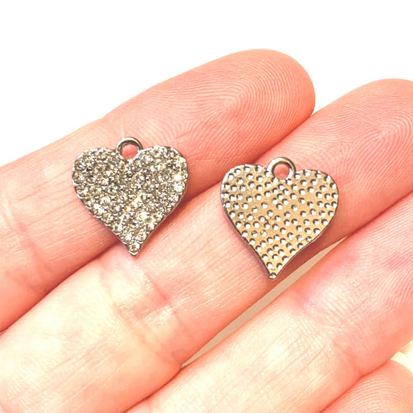 5 Rhinestone Heart Charms - Sparkling Silver - Inlaid Rhinestones