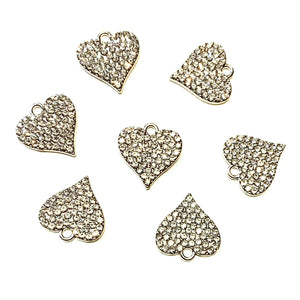 5 Rhinestone Heart Charms - Sparkling Silver - Inlaid Rhinestones