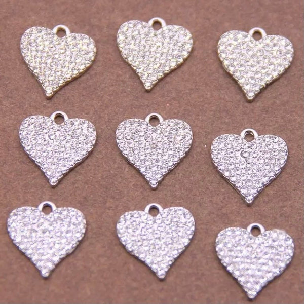 5 Rhinestone Heart Charms - Sparkling Silver - Inlaid Rhinestones