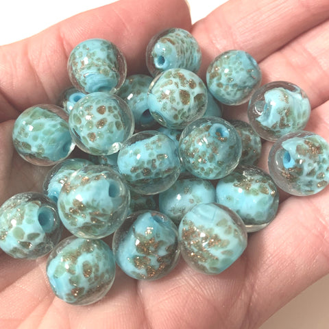 5pcs - 12mm Lampwork Beads - Handmade Glass Beads - Pale Blue with Shimmery Gold Sand