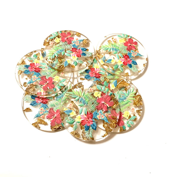 4 Floral Resin Charms with Gold Foil -  3D Printed, Transparent Flower Charms - Flat, Round with Hole