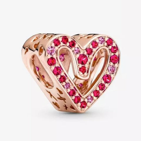 Sparkling Ruby Red and Pink Freehand Heart - 14k Rose Gold Plated Heart Charm - Fits Pandora Charm Bracelets