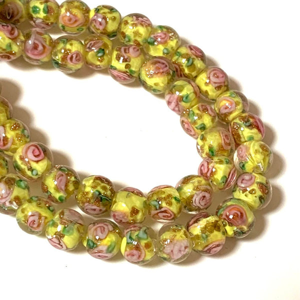 5 Handmade Lampwork Beads - 8mm Yellow with Pink Swirls and Gold Sand