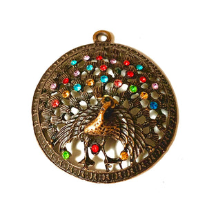 Peacock and Rhinestone Pendant - Antique Copper Finish