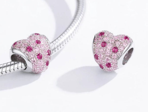 925 Sterling Silver - Pave Heart Charm with Pink and Clear CZs - Fits Pandora Charm Bracelets