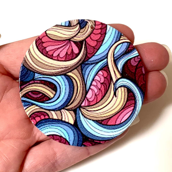 5 Natural Wood Printed Swirl Design Charms - 60mm