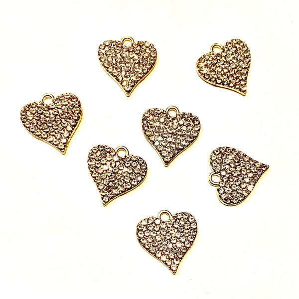 5 Rhinestone Heart Charms - Light Gold Finish - Sparkling Inlaid Rhinestones