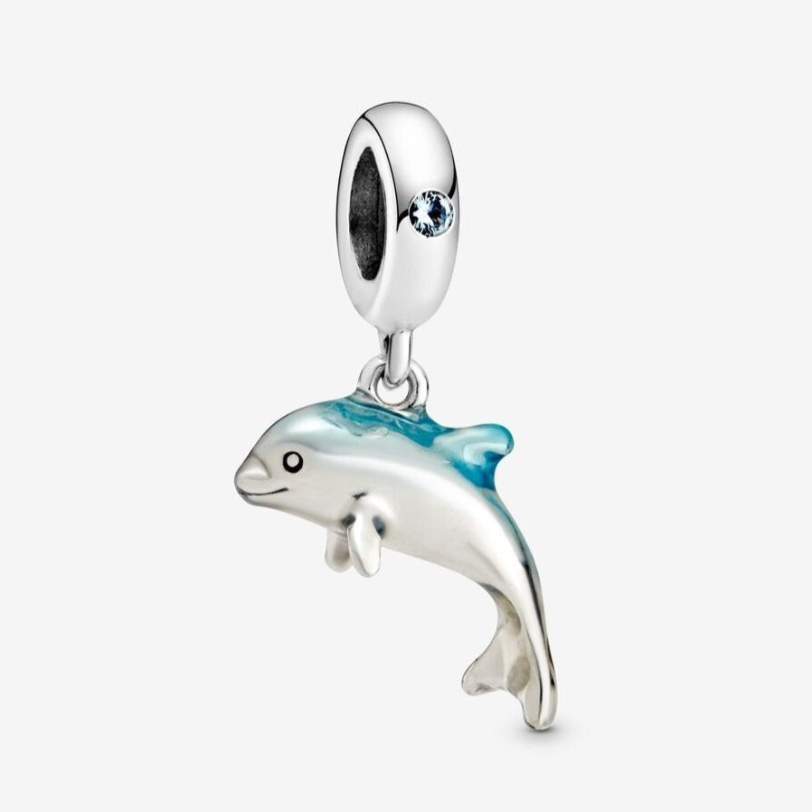 925 Sterling Silver - Shimmering Dolphin Dangle Charm - Fits Pandora Charm Bracelets