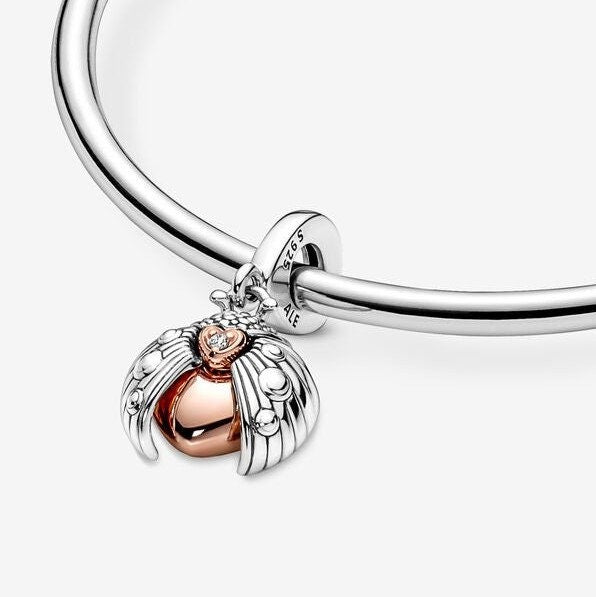 925 Sterling Silver - Ladybird & Heart Dangle Charm - Fits Pandora Charm Bracelets
