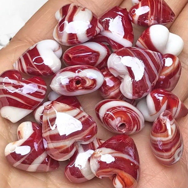 2 Murano Lampwork Glass Heart Beads - 15mm Handmade Striped Glass Heart Beads - Available in 8 Colors
