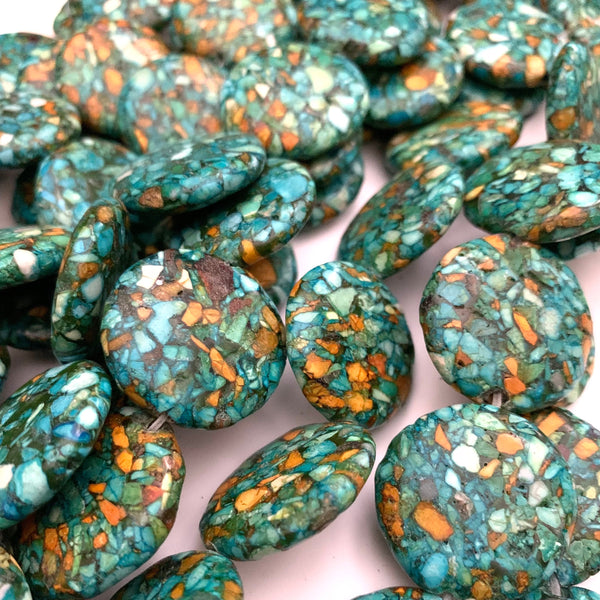 5 Beads - 25mm Mosaic Turquoise Round Flat Beads - Beautiful Color and Detail!