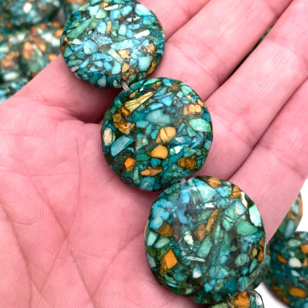 5 Beads - 25mm Mosaic Turquoise Round Flat Beads - Beautiful Color and Detail!