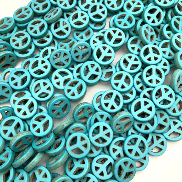 Turquoise Blue Howlite Peace Sign - 15mm Coin Disc Beads - 16" Full Strand/Approx 27 Beads