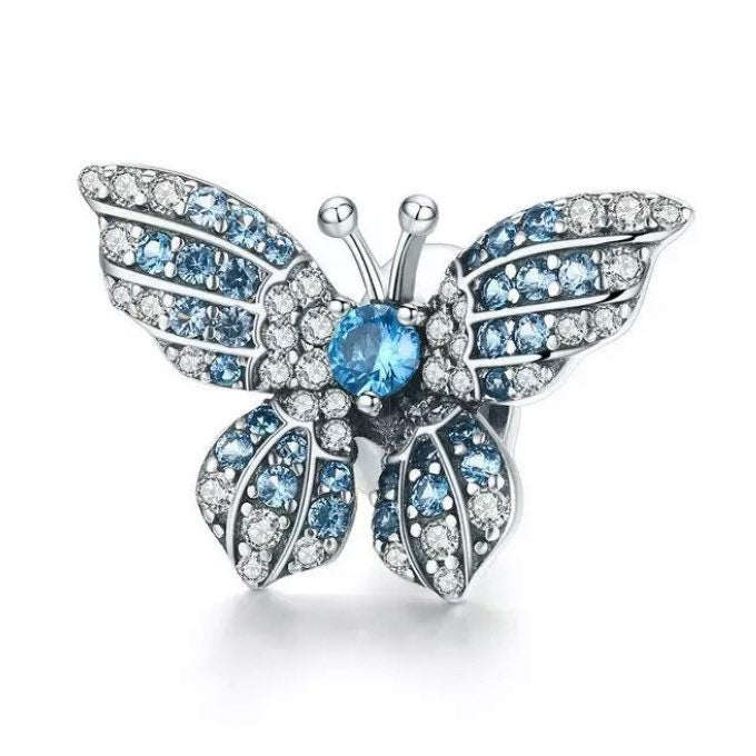 925 Sterling Silver - Crystal Butterfly Charm - Blue and Clear CZ Crystals  - Fits Pandora Charm Bracelets
