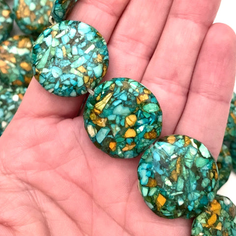 5 Beads - 25mm Mosaic Turquoise Round Flat Beads - Beautiful Color and Detail!