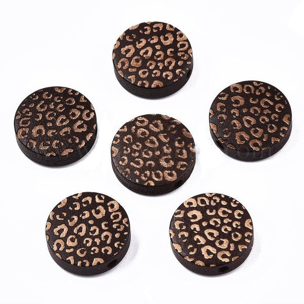 5 Wood Beads - Engraved and Painted Animal Print - 15mm x 4.5mm - Flat Round
