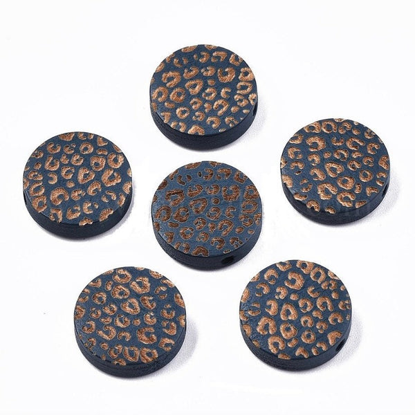 5 Wood Beads - Engraved and Painted Animal Print - 15mm x 4.5mm - Flat Round