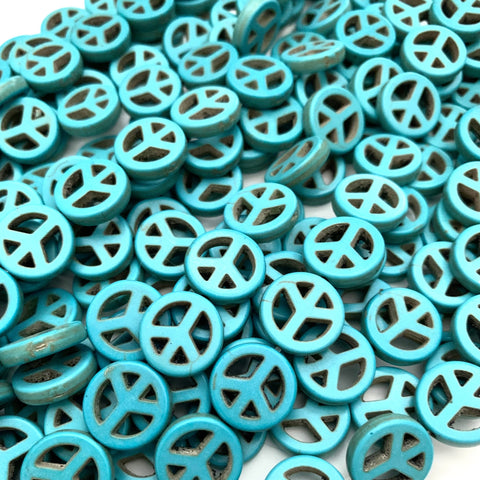 Turquoise Blue Howlite Peace Sign - 15mm Coin Disc Beads - 16" Full Strand/Approx 27 Beads