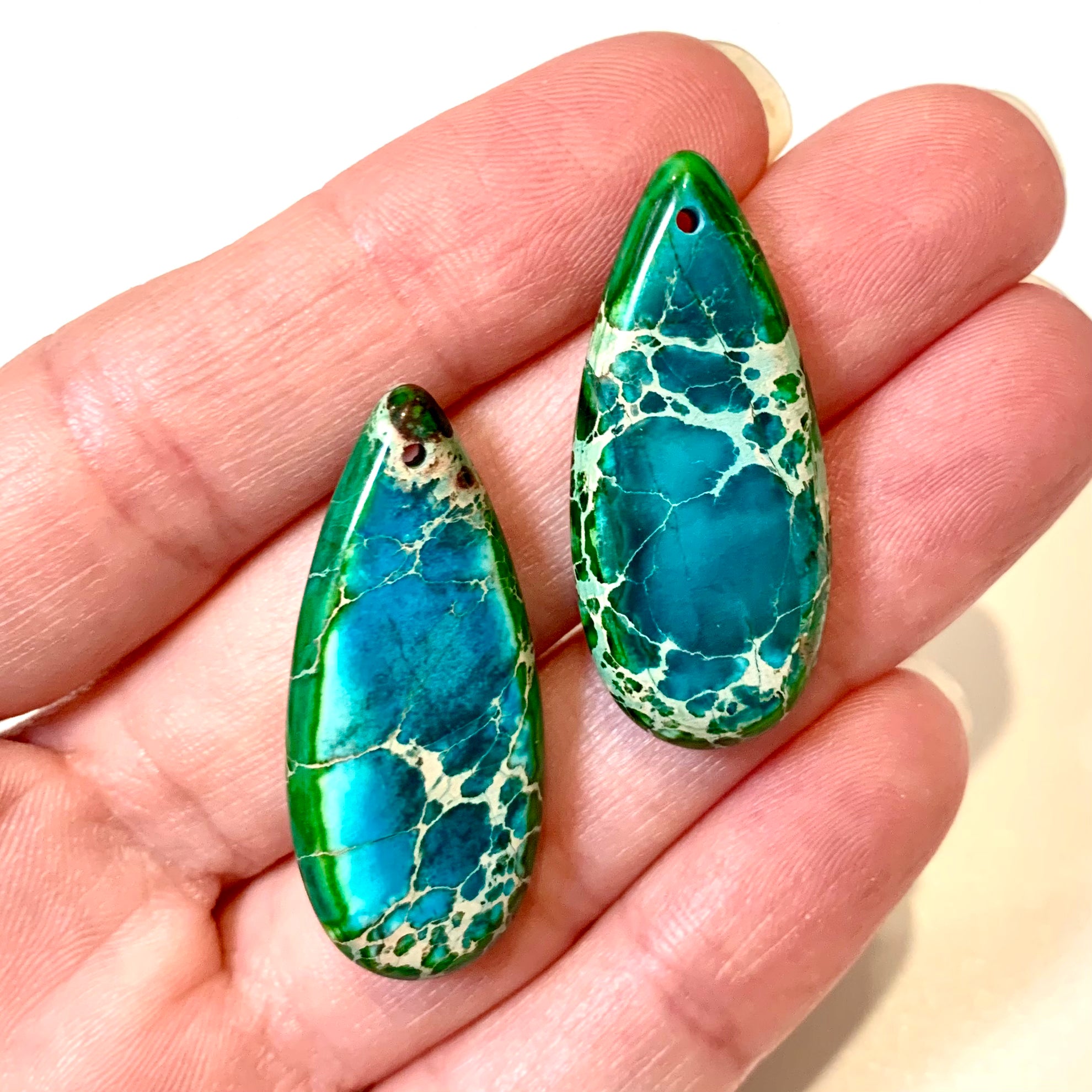2 Sea Sediment Imperial Jasper Pendants - Blue/Green - Earring Drops - Teardrop Earring Pair/2 Pieces