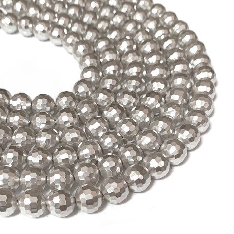 Silver Faceted Natural Shell Round Beads - 10mm Beads - Full 15" Strand Approx. 38 beads