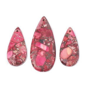 3 pc Set - Sea Sediment Imperial Jasper Earring Drops and Pendant Set - Deep Pink - Teardrop Earring Drops/Necklace Drop Set