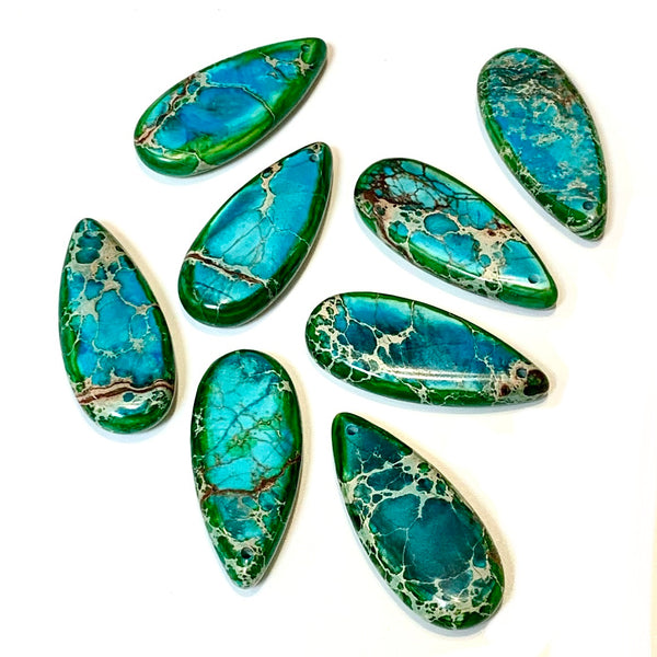 2 Sea Sediment Imperial Jasper Pendants - Blue/Green - Earring Drops - Teardrop Earring Pair/2 Pieces