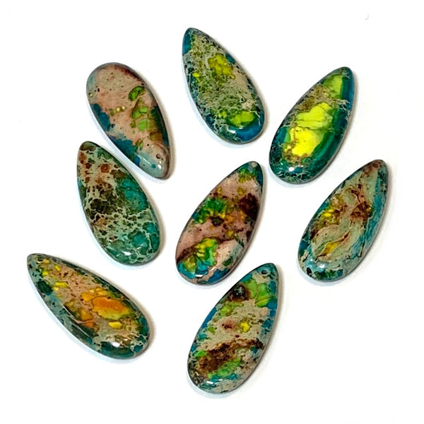 2 Sea Sediment Imperial Jasper Pendants - Blue/Green and Yellow - Earring Drops - Teardrop Earring Pair/2 Pieces