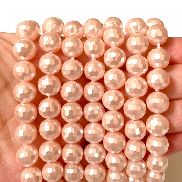 Pink Faceted Natural Shell Round Beads - 10mm Beads - Full 15" Strand Approx. 38 beads