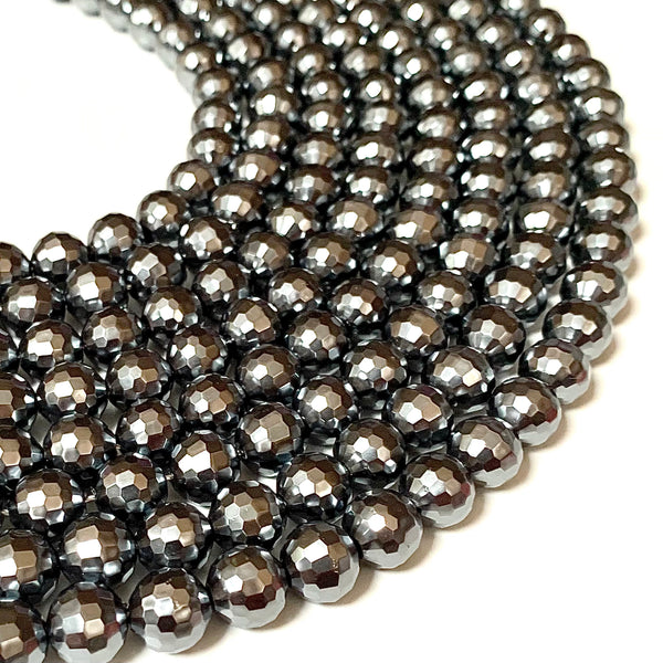 Dark Gray Faceted Natural Shell Round Beads - 10mm Beads - Full 15" Strand Approx. 38 beads