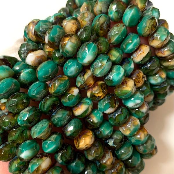 Czech Beads - Laguna Green Picasso Fire Polished Rondelle Beads 6x9mm - Full strand, 25 beads