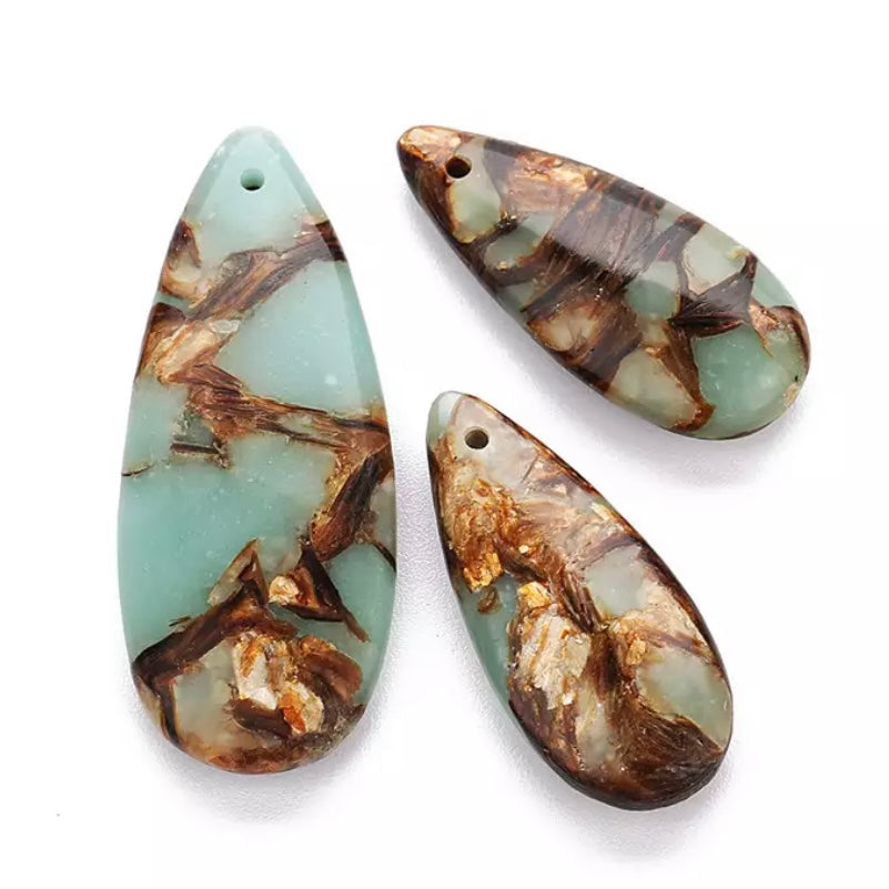 3 pc Set - Imperial Jasper Earring Drops and Pendant Set - Light Green/Brown/Gold - Teardrop Earring Drops/Necklace Drop Set