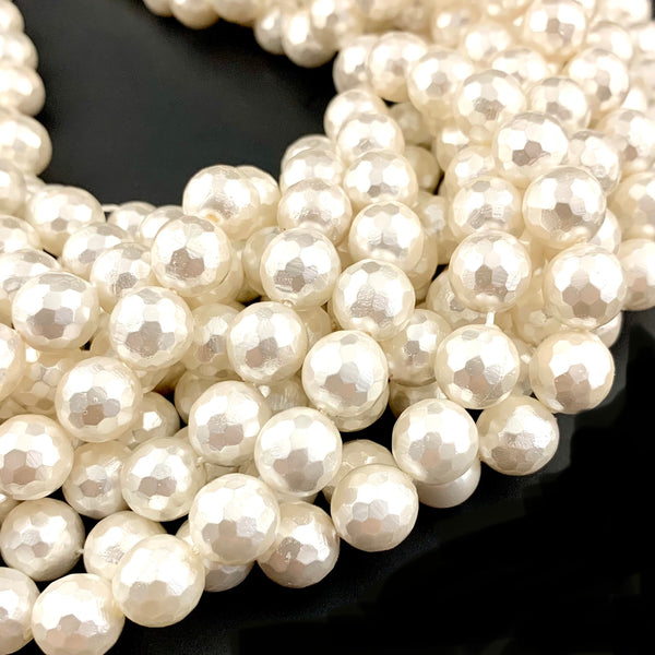 White Faceted Natural Shell Round Beads - 10mm Beads - Full 15" Strand Approx. 38 beads