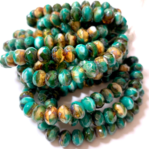 Czech Beads - Laguna Green Picasso Fire Polished Rondelle Beads 6x9mm - Full strand, 25 beads