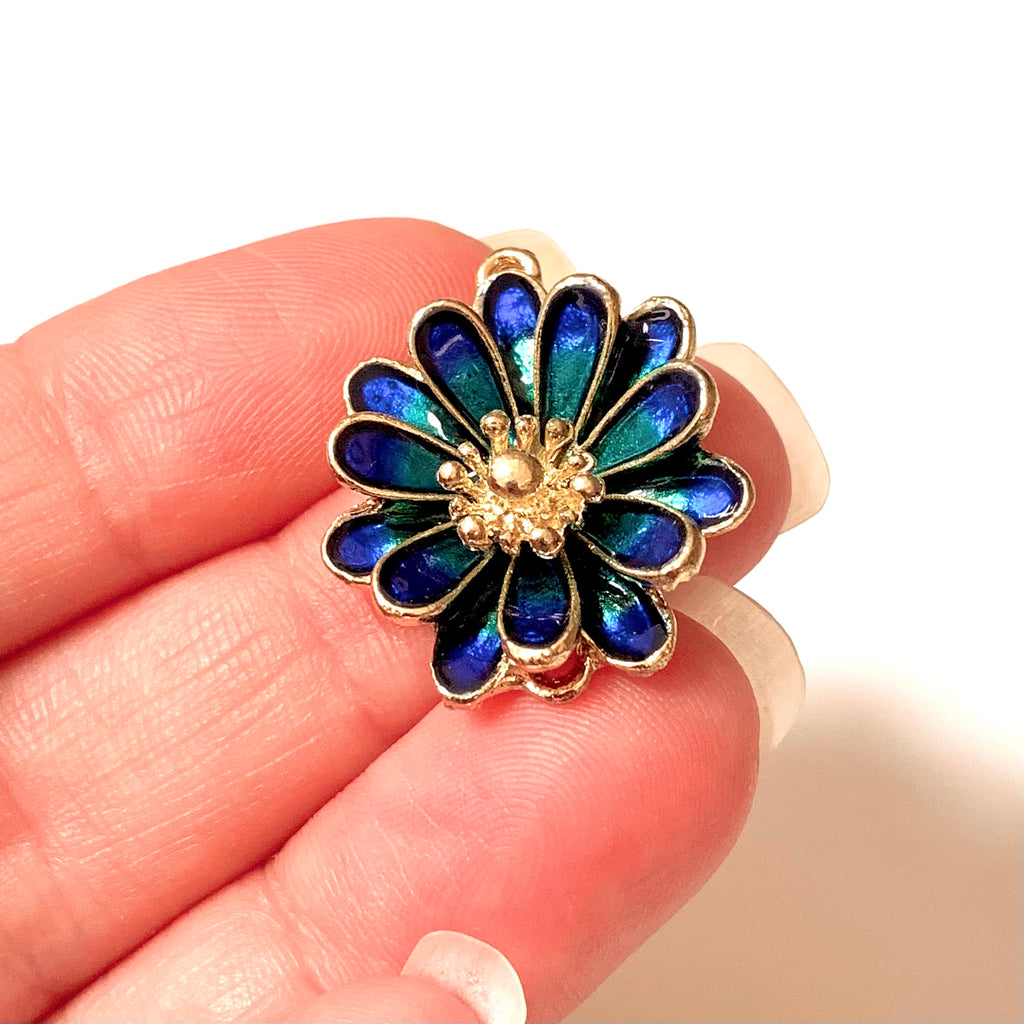 Cloisonne Flower Enamel Charms in A Beautiful Blue/Green with A Gold Finish - 3D Enamel Flower Charms/Pendants/Connectors