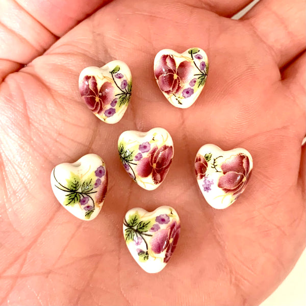 10 Ceramic Floral Heart Beads - 13mm Dark Pink Floral Beads