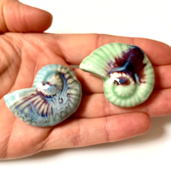 Set of 2 Porcelain Shell Beads - Large 40mm x 30mm, Glazed, Nautilus Shell Beads - Heavy Focal Beads for Bracelet/Necklace - Each Bead OOAK