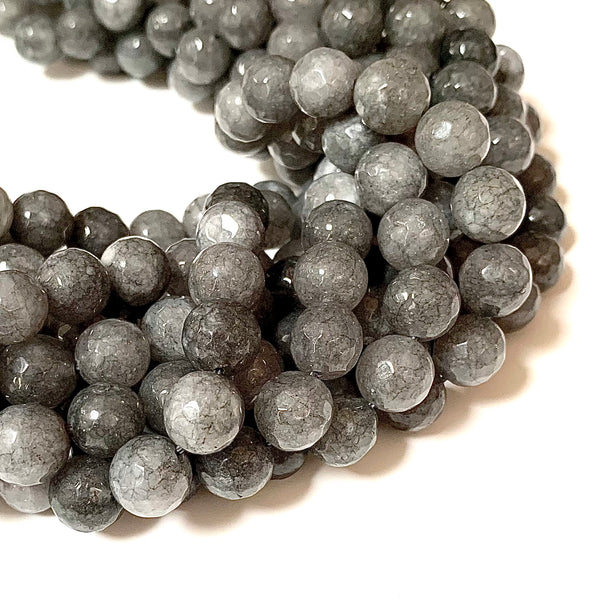 Faceted Gray Jade Beads - Natural Jade Round 10mm Beads - Full 15" Strand Approx. 38 beads