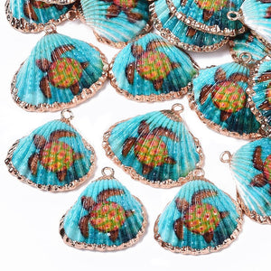 Electroplated Natural Scallop Shell Charms with Sea Turtle Design - Edged in Gold Plating - Scallop Shell Charm - Ocean Theme Charm - 2 Pieces