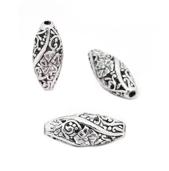 5 Oval Beads - Floral and Scroll Design - Antique Silver - 26x11mm