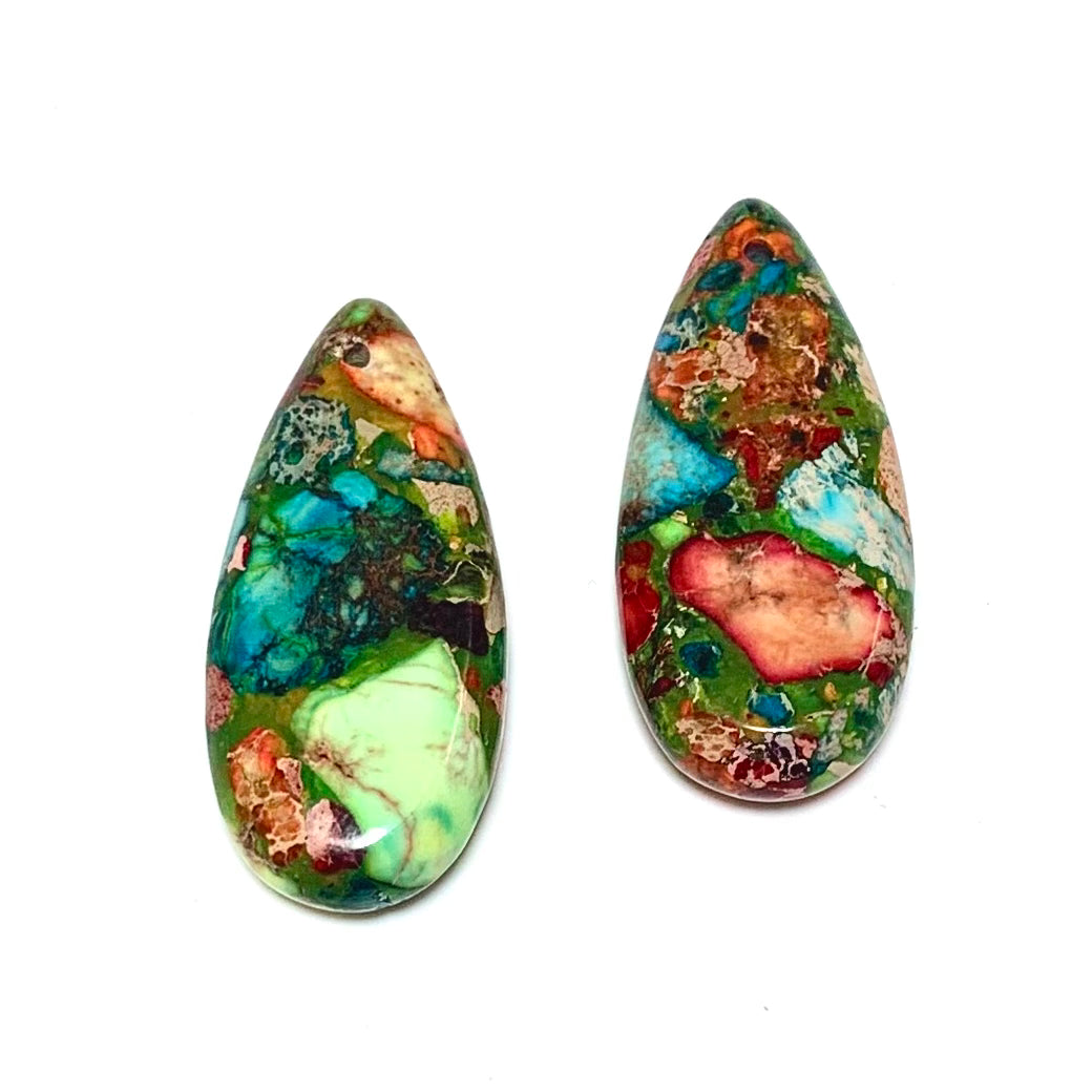 2 Sea Sediment Imperial Jasper Pendants - Bright Colors - Earring Drops - Teardrop Earring Pair/2 Pieces