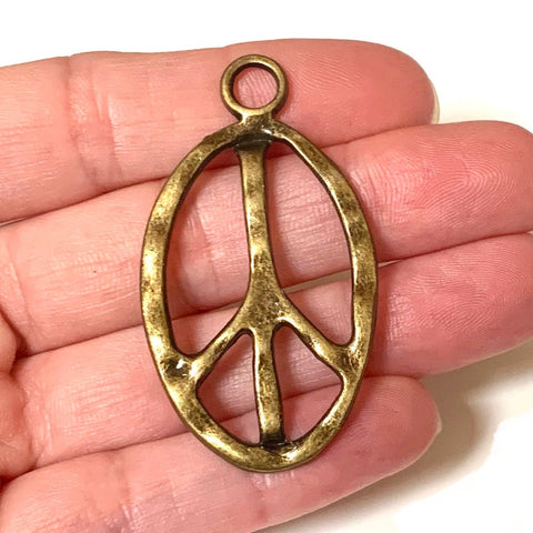 2 Large Peace Symbol Pendants - Antiqued Bronze - Rustic Peace Sign - 51mm x 29mm