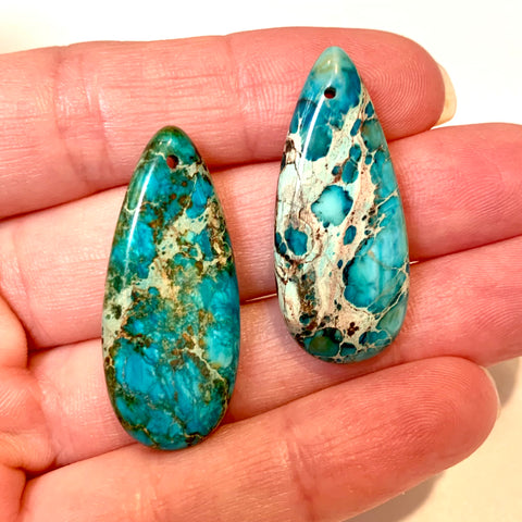 2 Sea Sediment Imperial Jasper Pendants - Aqua Blue - Earring Drops - Teardrop Earring Pair/2 Pieces