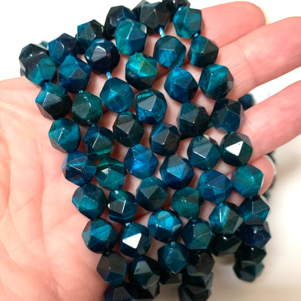 Peacock Blue Diamond Faceted Tiger Eye Natural Stone Beads - Size 6/8/10mm - One Full 15" Strand