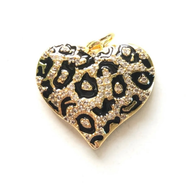 Cubic Zirconia Micro Pave Heart Pendant/Charm - Enameled Leopard Print - Silver, Gold, and Rose Gold Finishes - 24mm Heart Charm