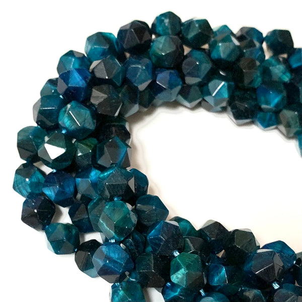 Peacock Blue Diamond Faceted Tiger Eye Natural Stone Beads - Size 6/8/10mm - One Full 15" Strand