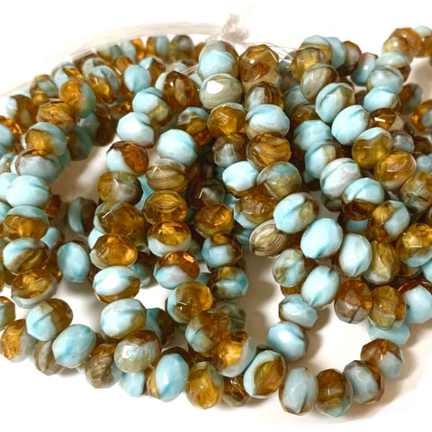 Czech Beads - Ocean Breeze Picasso Fire Polished Rondelle Beads 6x9mm - Full strand, 25 beads