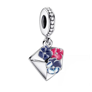 925 Sterling Silver - Pansy Flower Envelope Dangle Charm - Fits Pandora Charm Bracelets