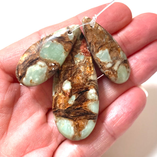 3 pc Set - Imperial Jasper Earring Drops and Pendant Set - Light Green/Brown/Gold - Teardrop Earring Drops/Necklace Drop Set